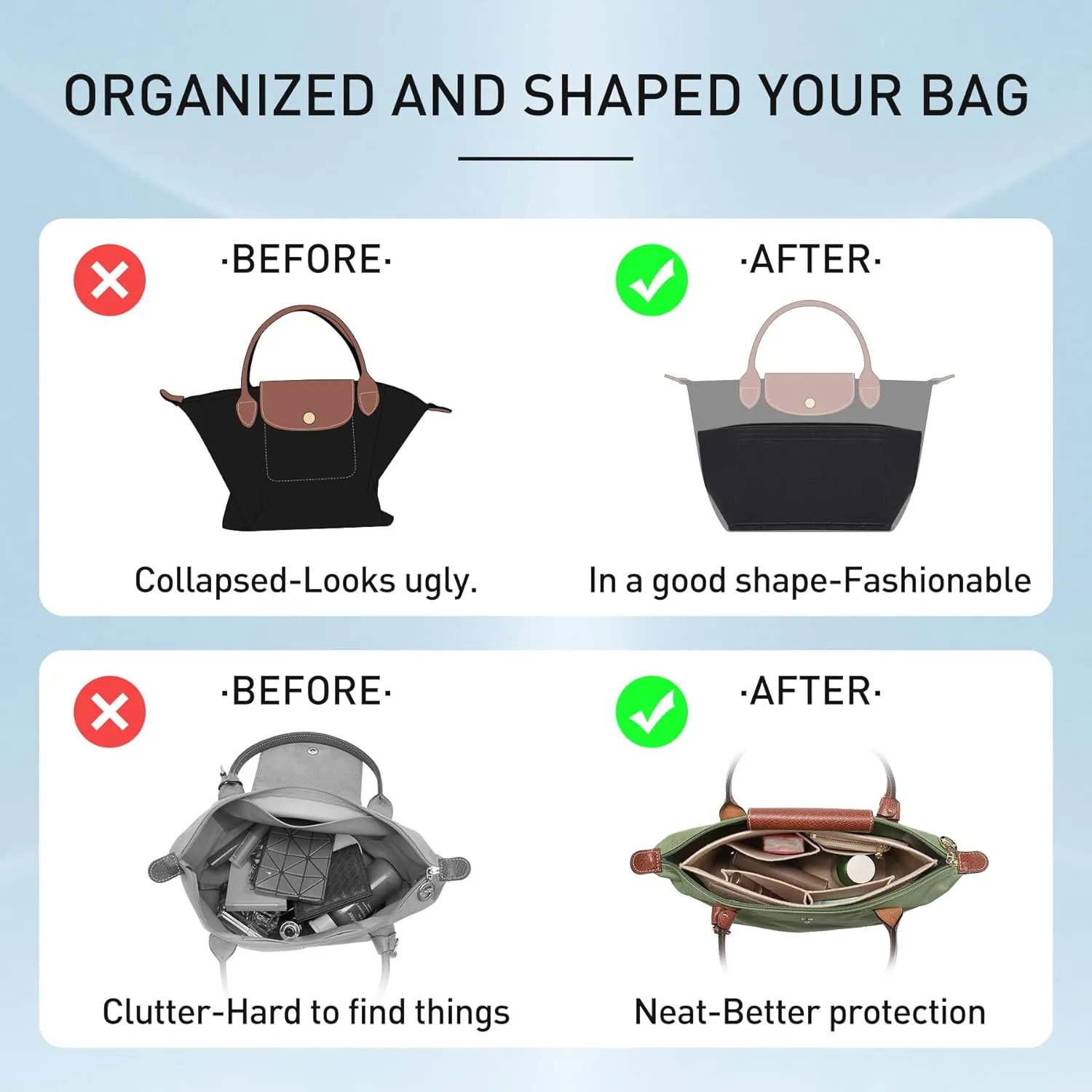 Doxo Longchamp Medium Organizer Insert,Medium Bag Organizer Suitable for Le pliage,Keeps Tote Handbags Shaped & Neat (Black,M)