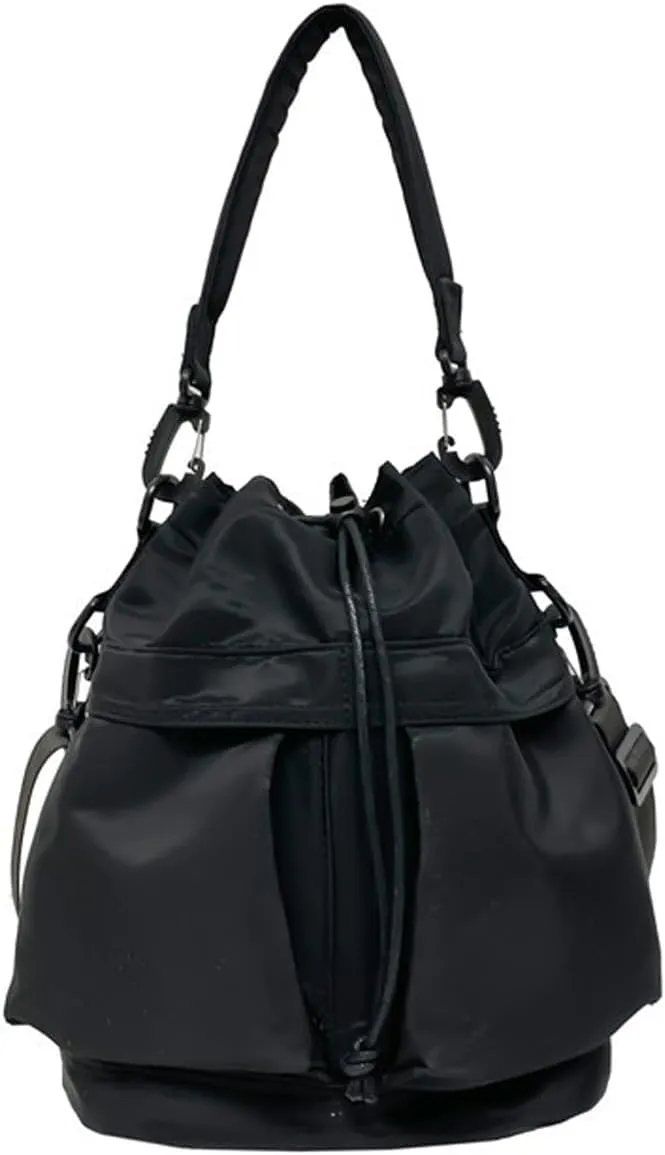 Drawstring Bucket Bag for Women Super Lightweight Nylon Crossbody Bag Tote Handbags for Travel Hiking Music Festival (Black)