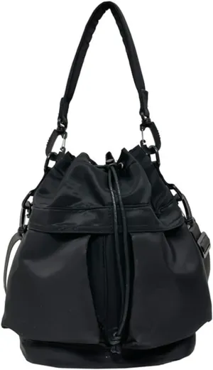 Drawstring Bucket Bag for Women Super Lightweight Nylon Crossbody Bag Tote Handbags for Travel Hiking Music Festival (Black)