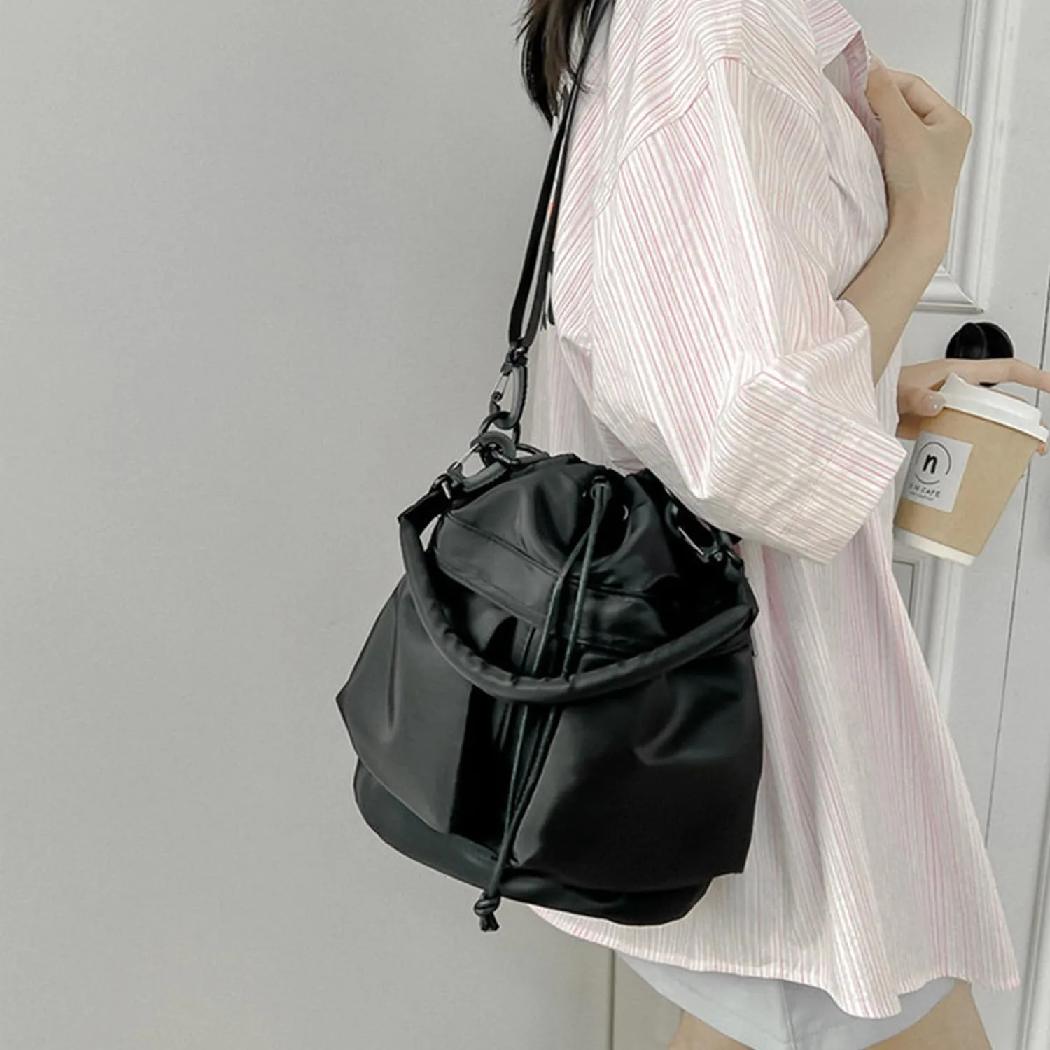 Drawstring Bucket Bag for Women Super Lightweight Nylon Crossbody Bag Tote Handbags for Travel Hiking Music Festival (Black)