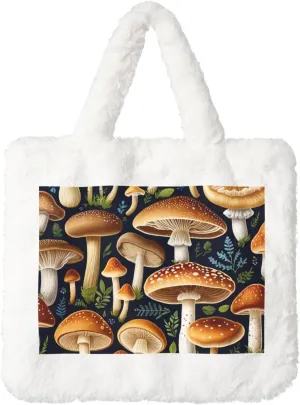 Edible Mushrooms Printed Plush Handbag, White Soft Faux Rabbit Fur Shoulder Bag for Women, Suitable for Autumn and Winter