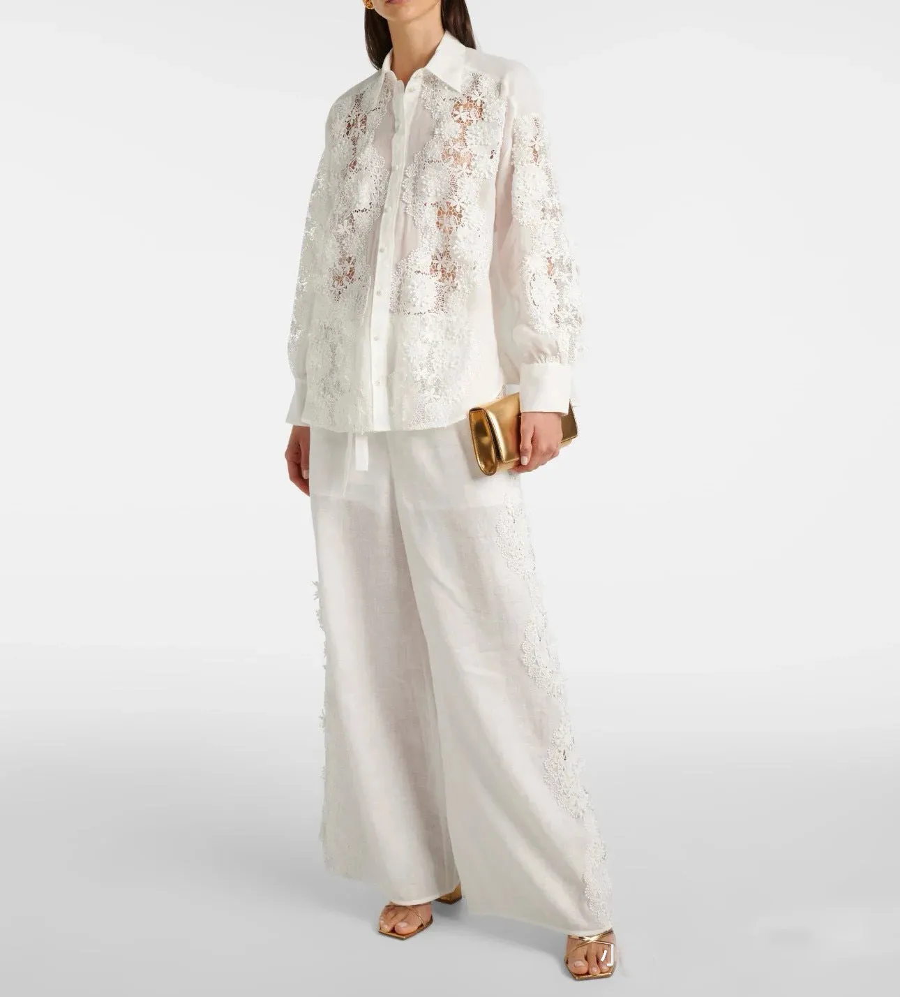Elegant French Lace Two-Piece Set with Wide-Leg Pants