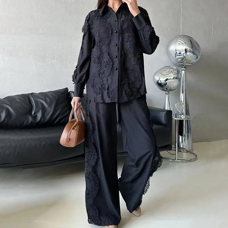 Elegant French Lace Two-Piece Set with Wide-Leg Pants