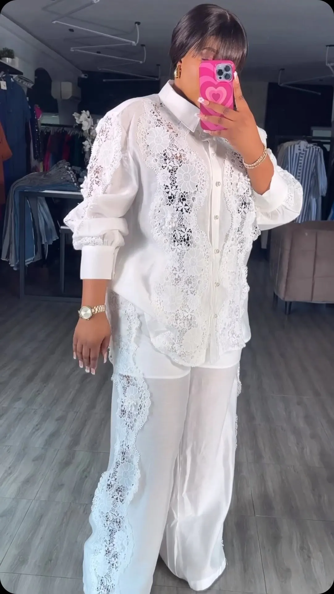 Elegant French Lace Two-Piece Set with Wide-Leg Pants