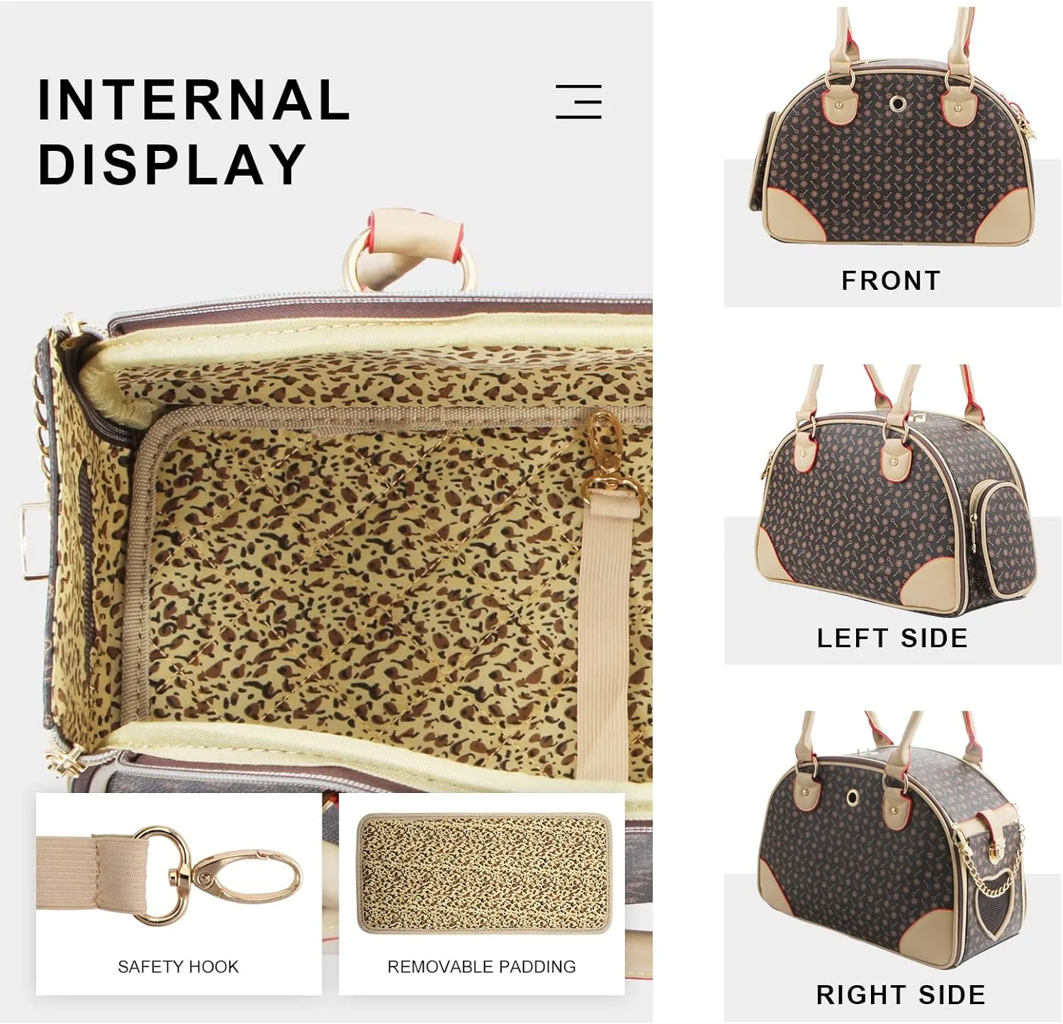 Fashion Dog Carrier PU Leather Dog Handbag Dog Purse Cat Tote Bag Pet Cat Dog Hiking Bag, Brown, Small 38 * 23 * 17cm