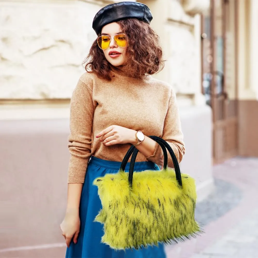 Faux Fur Tote Bag Women's Shoulder Handbags Fluffy Handbags Cute Soft Fluffy Purse Furry Bag for Shopping Working, Black