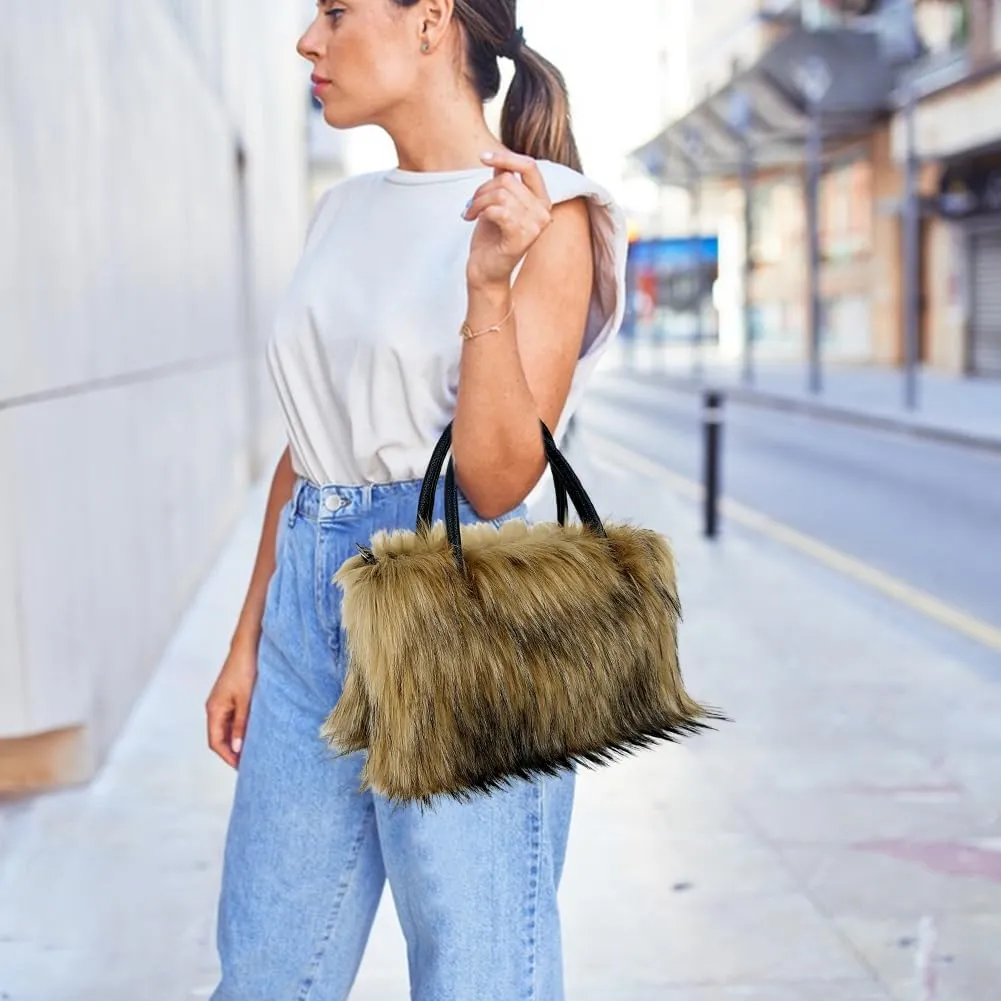 Faux Fur Tote Bag Women's Shoulder Handbags Fluffy Handbags Cute Soft Fluffy Purse Furry Bag for Shopping Working, Black