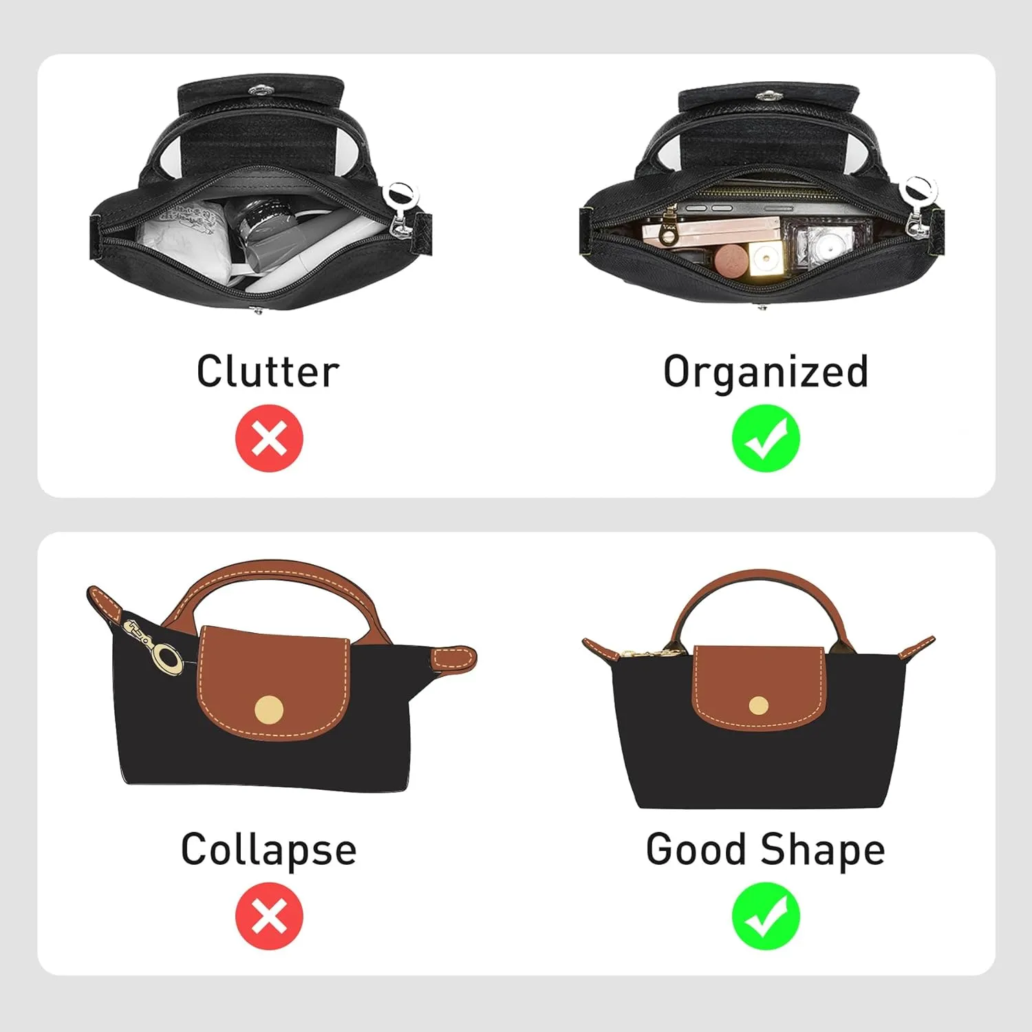 Felt Purse Organizer Insert Compatible with Longchamp Le Pliage Mini Original/Green Pouch and More, Small Bag Insert with Zipper for Women Handbag(Mini, Black)