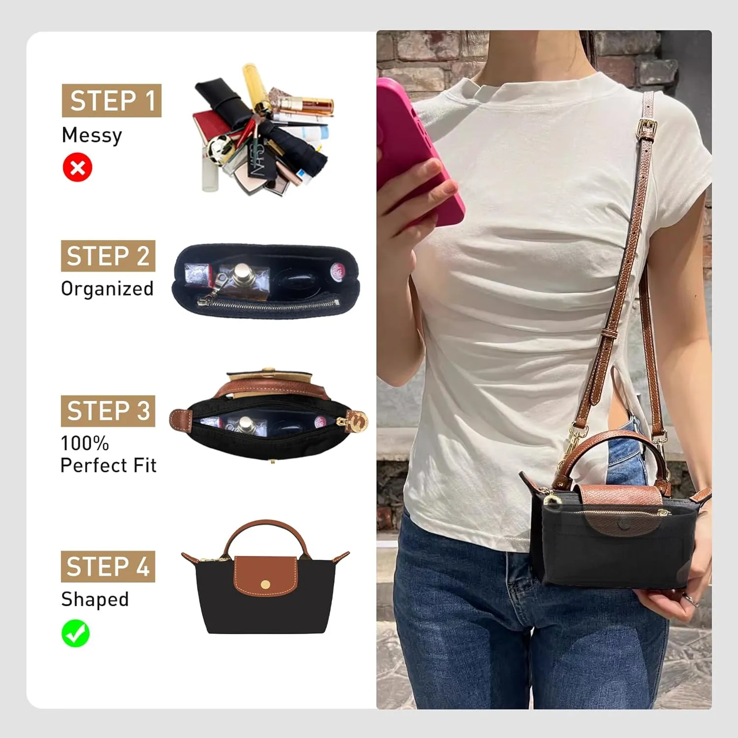 Felt Purse Organizer Insert Compatible with Longchamp Le Pliage Mini Original/Green Pouch and More, Small Bag Insert with Zipper for Women Handbag(Mini, Black)
