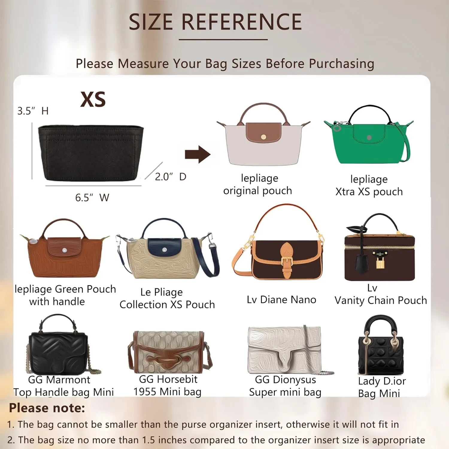 Felt Purse Organizer Insert Compatible with Longchamp Le Pliage Mini Original/Green Pouch and More, Small Bag Insert with Zipper for Women Handbag(Mini, Black)