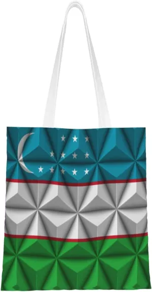 Flag of Uzbekistan With Polygon Effect Tote Bag for Women Canvas Shopping Bags Reusable Large Capacity Casual Shoulder Handbags Grocery Bags DIY Gift Bags