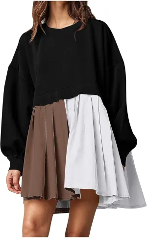 Flowy Dresses for Women Long Sleeve Color Block Patchwork Sweatshirt Dress Causal Loose Crewneck Pleated Pullover Top