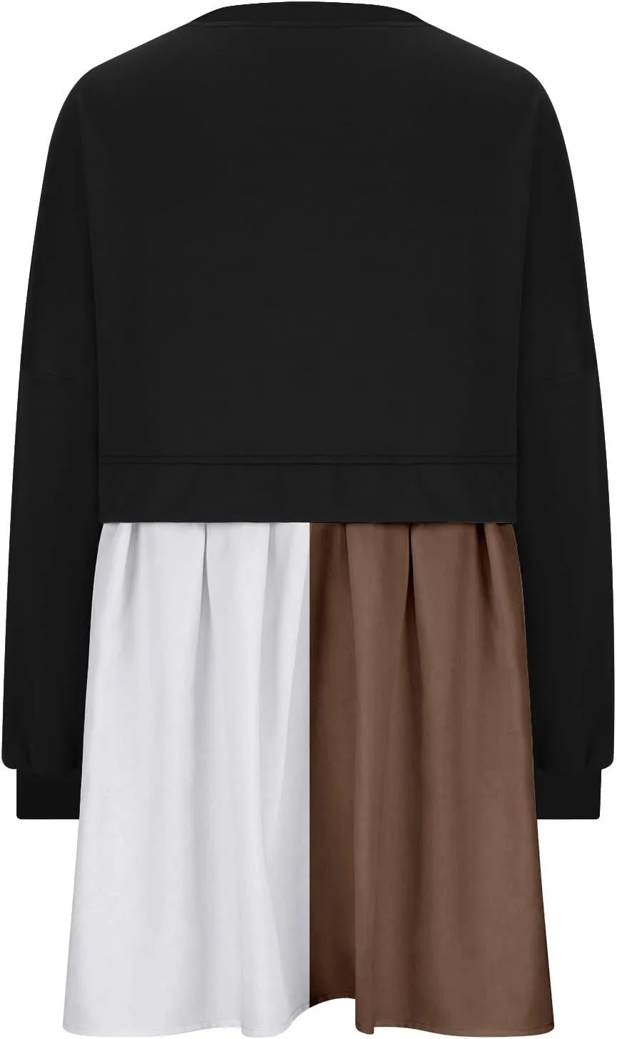 Flowy Dresses for Women Long Sleeve Color Block Patchwork Sweatshirt Dress Causal Loose Crewneck Pleated Pullover Top