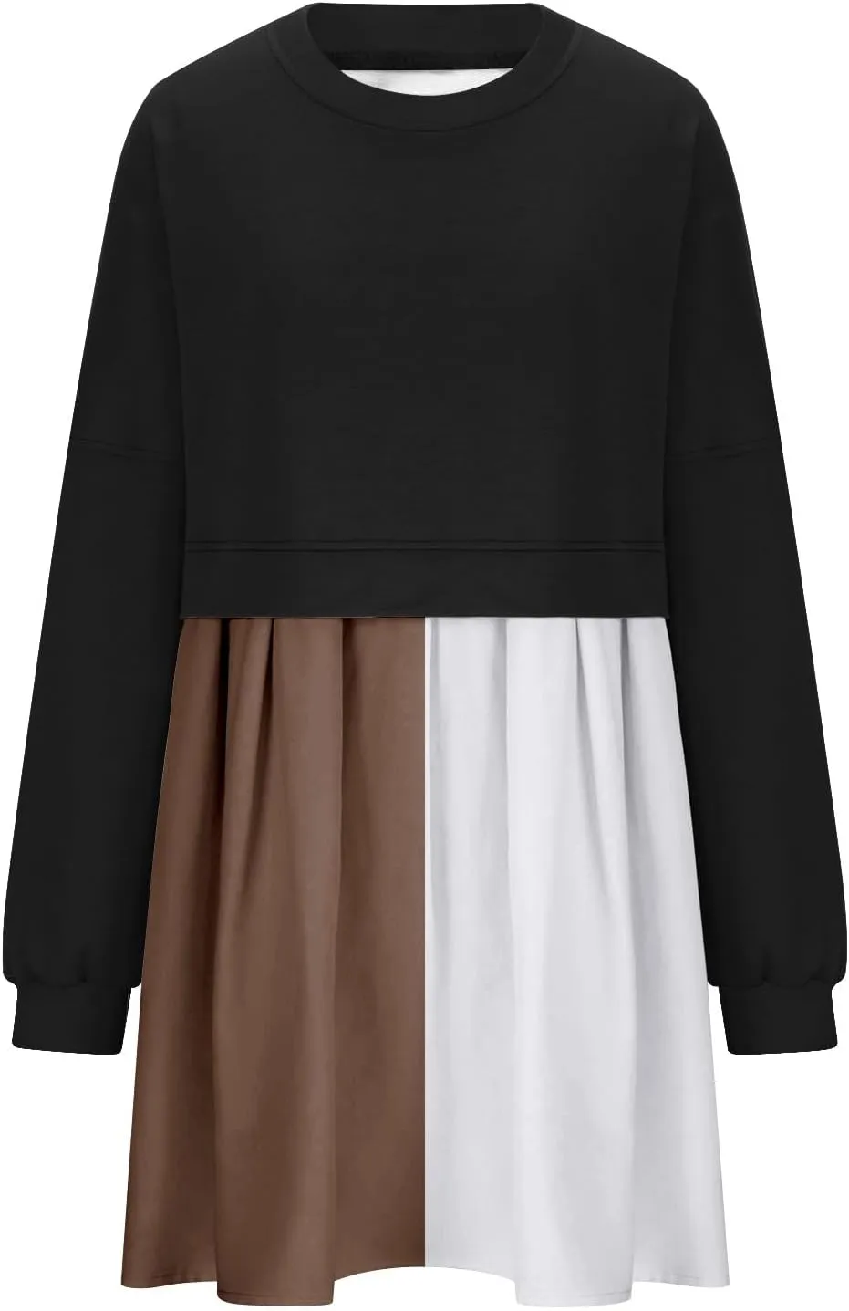 Flowy Dresses for Women Long Sleeve Color Block Patchwork Sweatshirt Dress Causal Loose Crewneck Pleated Pullover Top