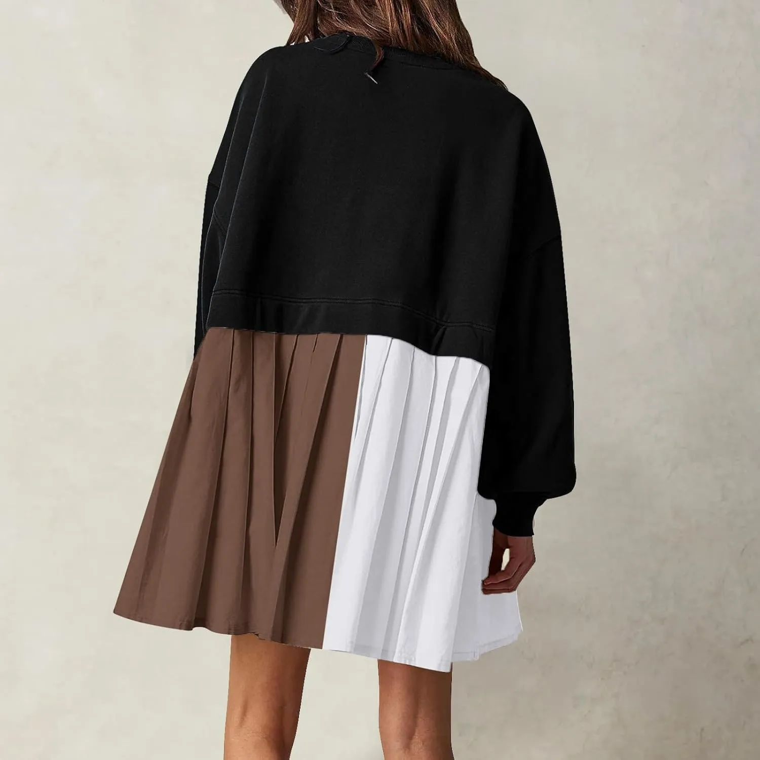 Flowy Dresses for Women Long Sleeve Color Block Patchwork Sweatshirt Dress Causal Loose Crewneck Pleated Pullover Top