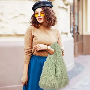 Fur Bag Cute Fur Purses for Women, Fur Purse Puffy Tote Bag For Lady, Faux Fur Bag Fluffy Tote Bag Winter Shoulder Bag, Light Green