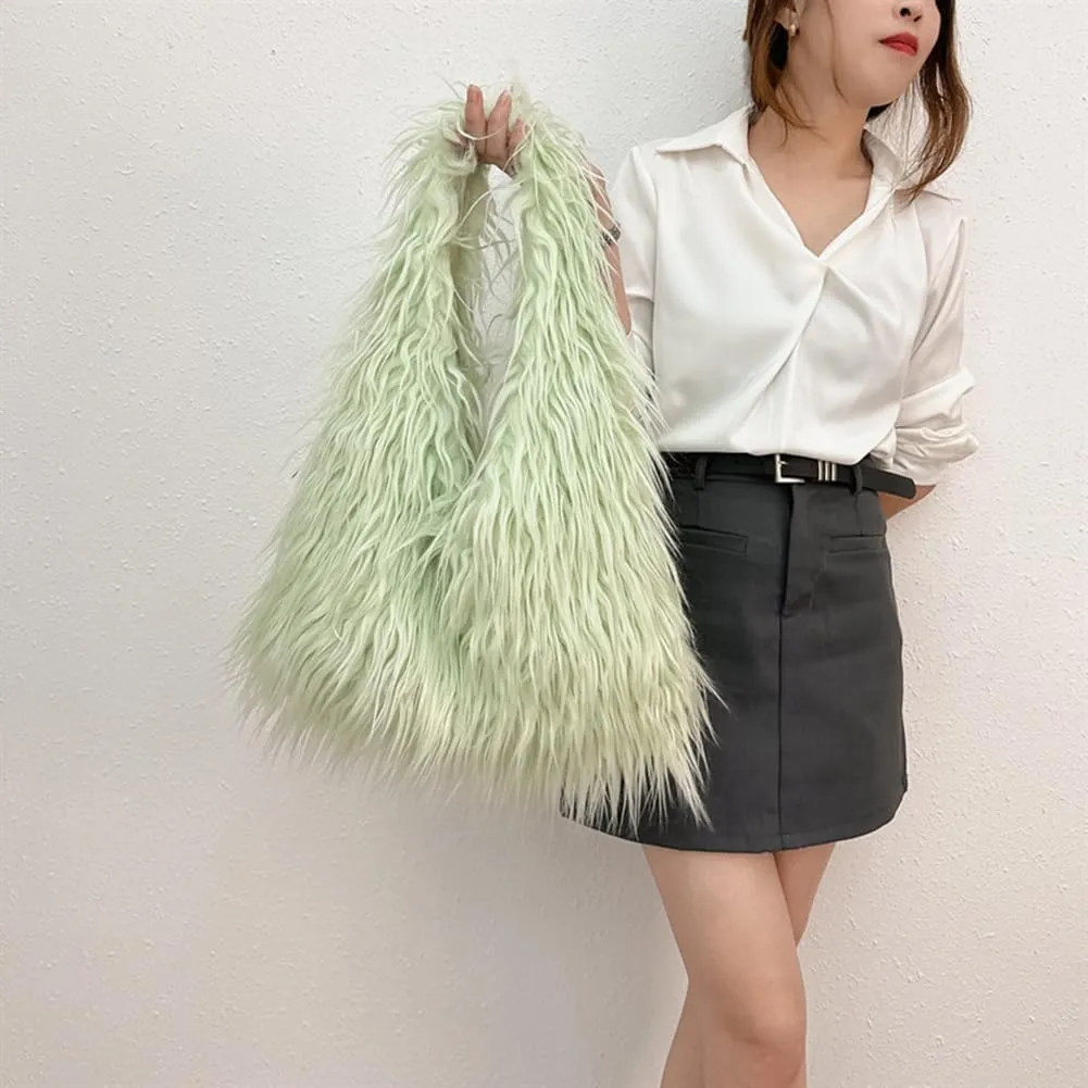 Fur Bag Cute Fur Purses for Women, Fur Purse Puffy Tote Bag For Lady, Faux Fur Bag Fluffy Tote Bag Winter Shoulder Bag, Light Green