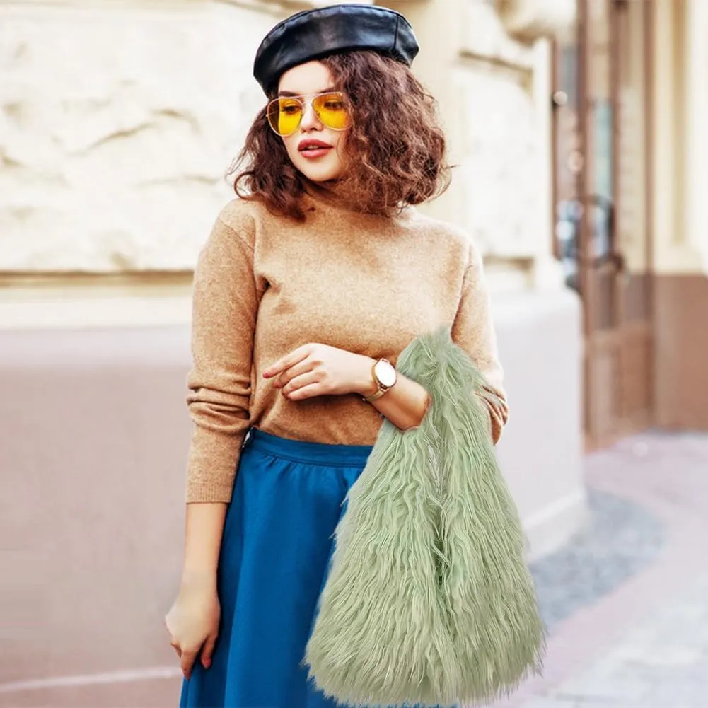 Fur Bag Cute Fur Purses for Women, Fur Purse Puffy Tote Bag For Lady, Faux Fur Bag Fluffy Tote Bag Winter Shoulder Bag, Light Green