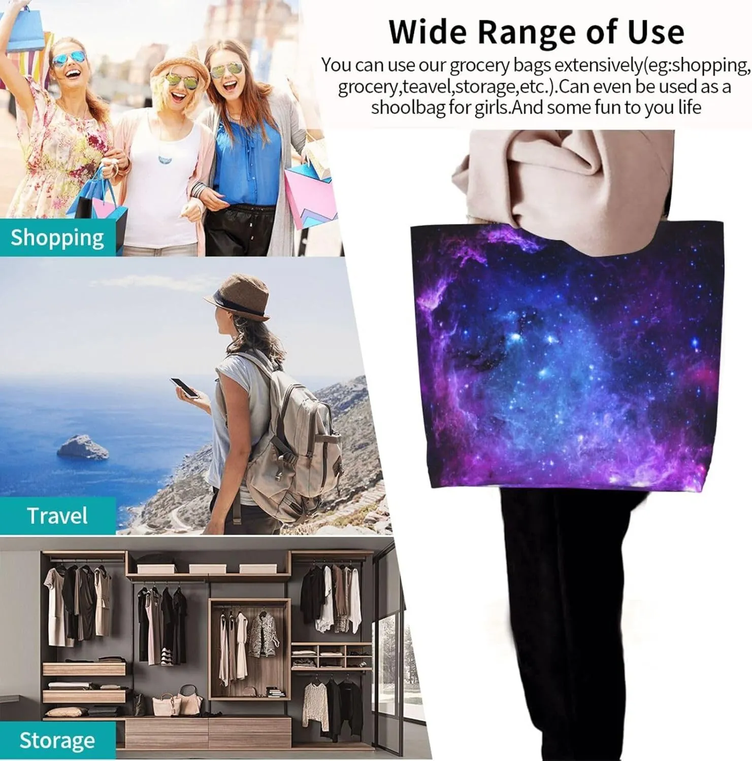 Galaxy Canvas Tote Bag Universe Shoulder Bag Handbag Star Casual Funny Grocery Bags Womens Bag for Outdoor