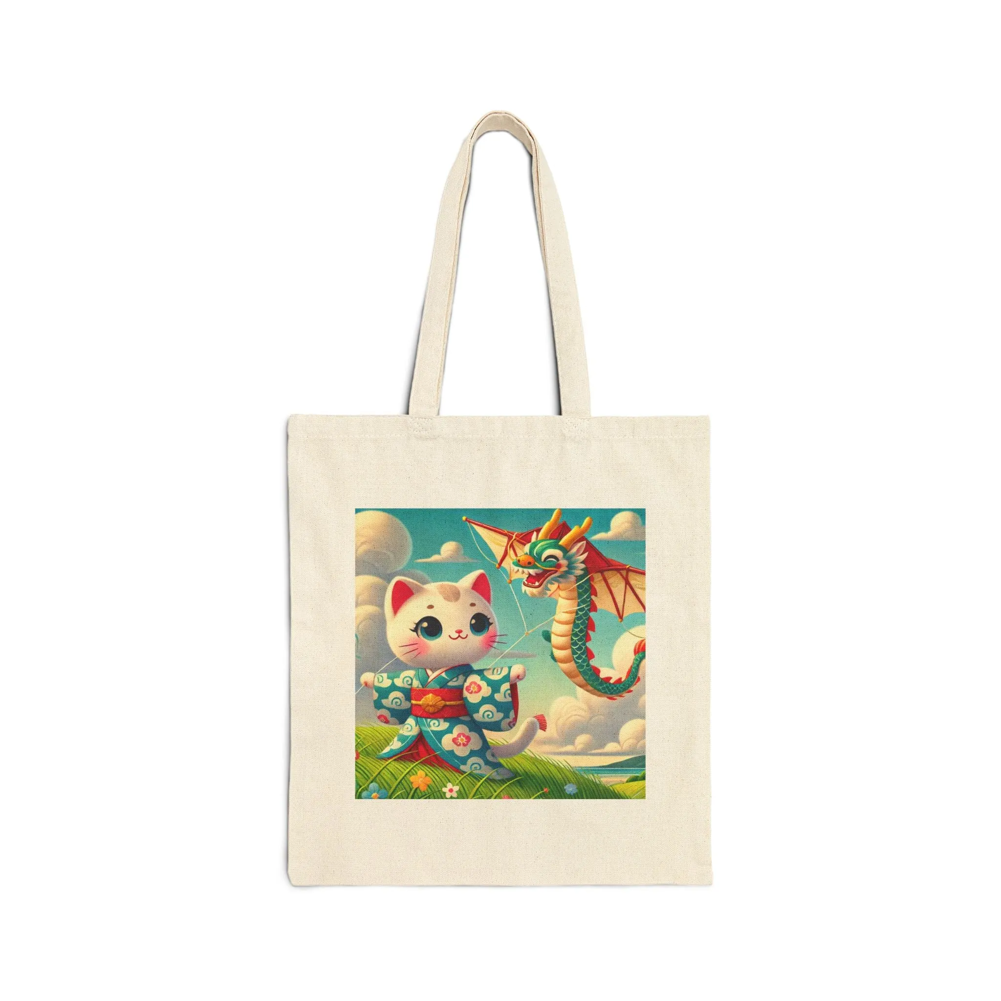 Geisha Kitten and the Dragon Kite Cotton Canvas Tote Bag