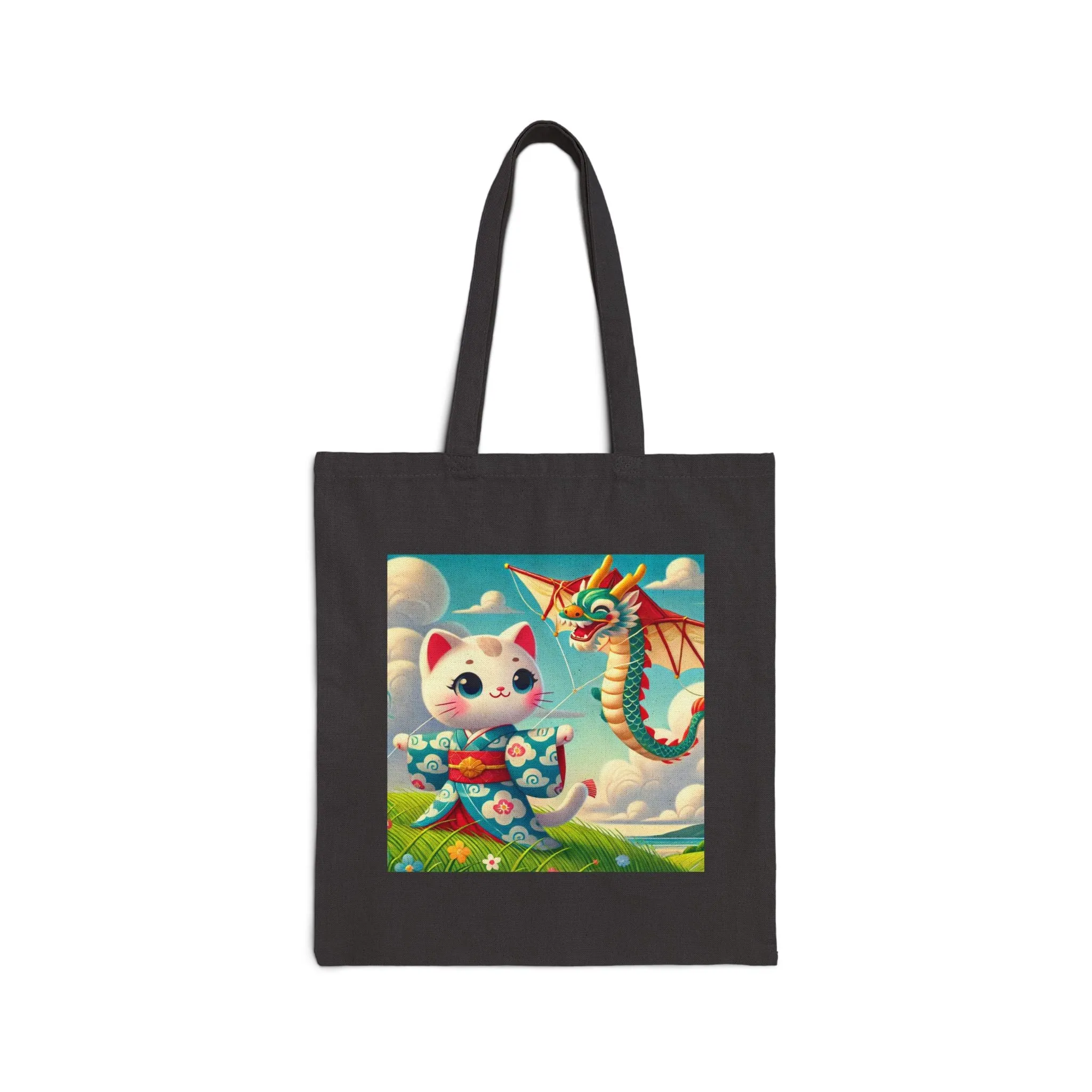 Geisha Kitten and the Dragon Kite Cotton Canvas Tote Bag