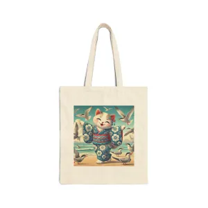 Geisha Kitten by the Seaside Cotton Canvas Tote Bag