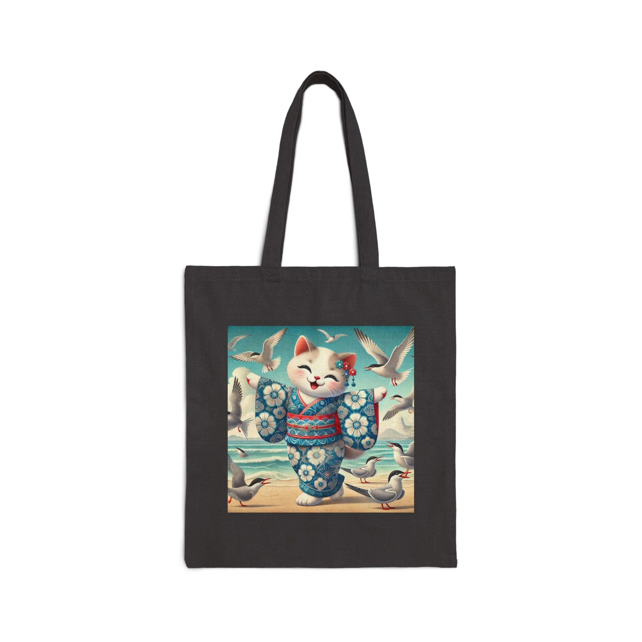 Geisha Kitten by the Seaside Cotton Canvas Tote Bag