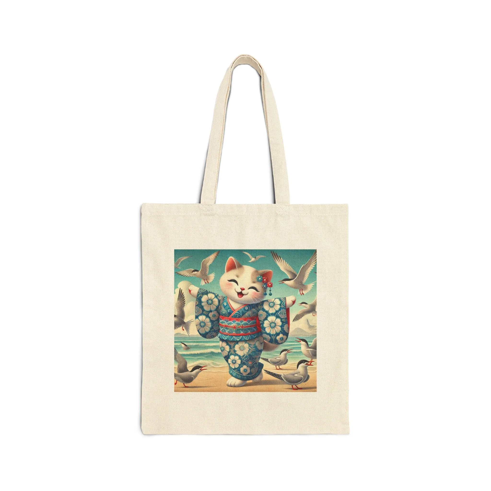 Geisha Kitten by the Seaside Cotton Canvas Tote Bag