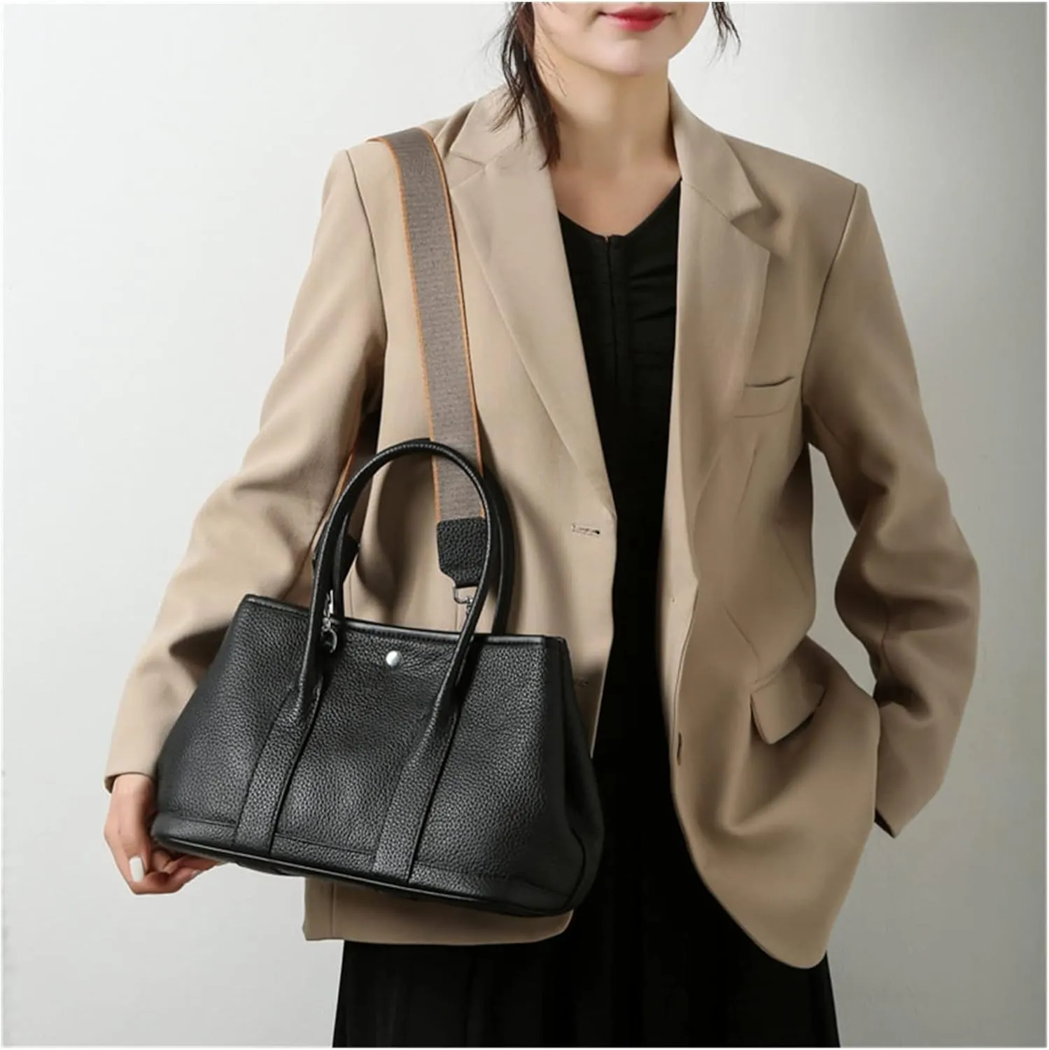 Genuine Leather Black Womens Casual Tote Bags Leather Large Capacity Shoulder Bag Purse HandBag(G)