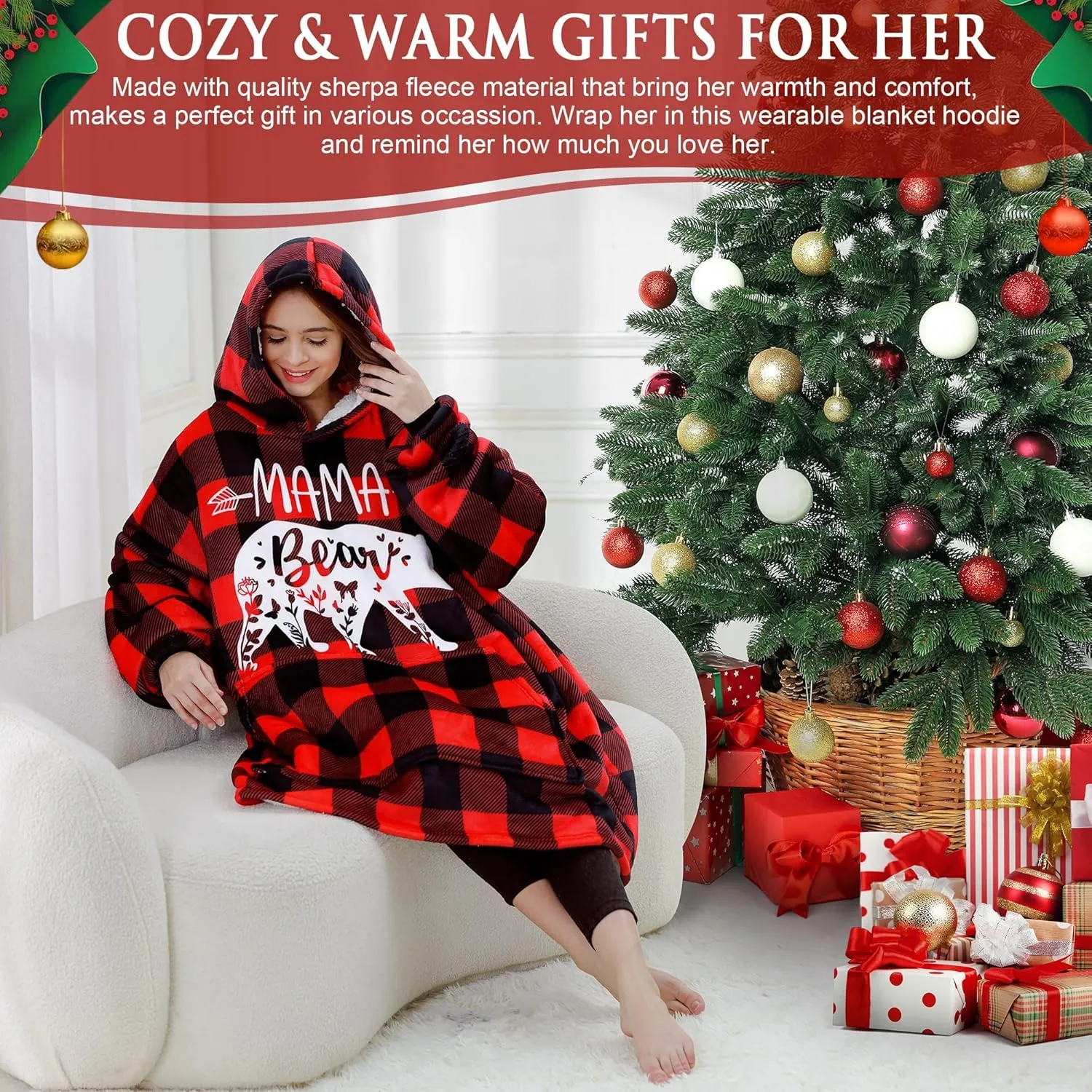 Gifts for Mom Mothers Day Birthday gift from Daughter Son, Mama Bear Wearable Blanket Hoodie for Mother in Law, Mother to Be, New Mom, Wife, Oversized Sherpa Fleece Blanket Sweatshirt