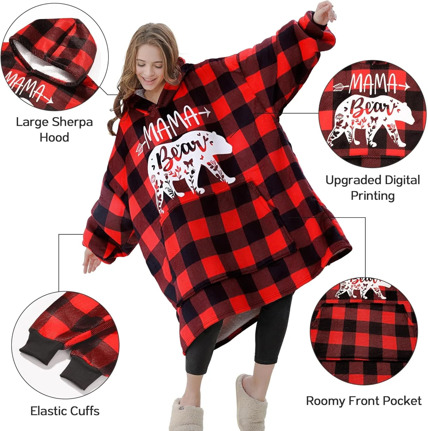 Gifts for Mom Mothers Day Birthday gift from Daughter Son, Mama Bear Wearable Blanket Hoodie for Mother in Law, Mother to Be, New Mom, Wife, Oversized Sherpa Fleece Blanket Sweatshirt