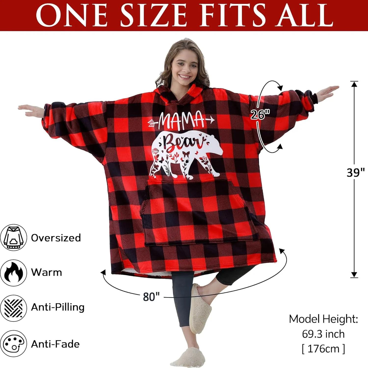 Gifts for Mom Mothers Day Birthday gift from Daughter Son, Mama Bear Wearable Blanket Hoodie for Mother in Law, Mother to Be, New Mom, Wife, Oversized Sherpa Fleece Blanket Sweatshirt