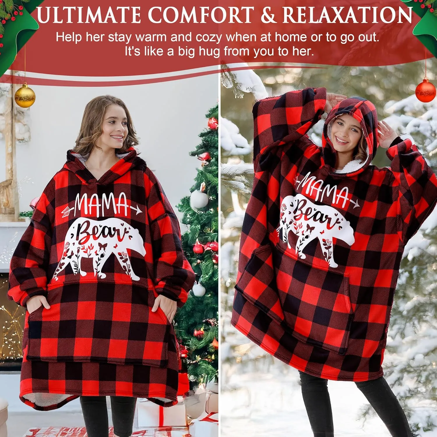 Gifts for Mom Mothers Day Birthday gift from Daughter Son, Mama Bear Wearable Blanket Hoodie for Mother in Law, Mother to Be, New Mom, Wife, Oversized Sherpa Fleece Blanket Sweatshirt