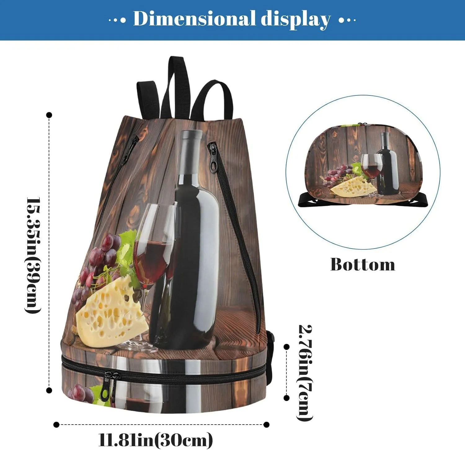 Gym Swimming Drawstring Bags Daypacks Backpack Purse Casual Knapsack Shoulder Bag Sitting Rucksack Glass of Red Wine and Bottle with cheese Grapes Brown Retro