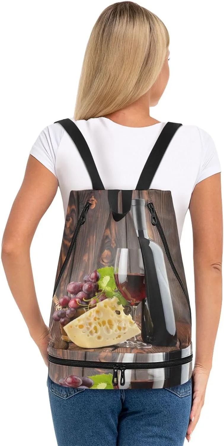 Gym Swimming Drawstring Bags Daypacks Backpack Purse Casual Knapsack Shoulder Bag Sitting Rucksack Glass of Red Wine and Bottle with cheese Grapes Brown Retro