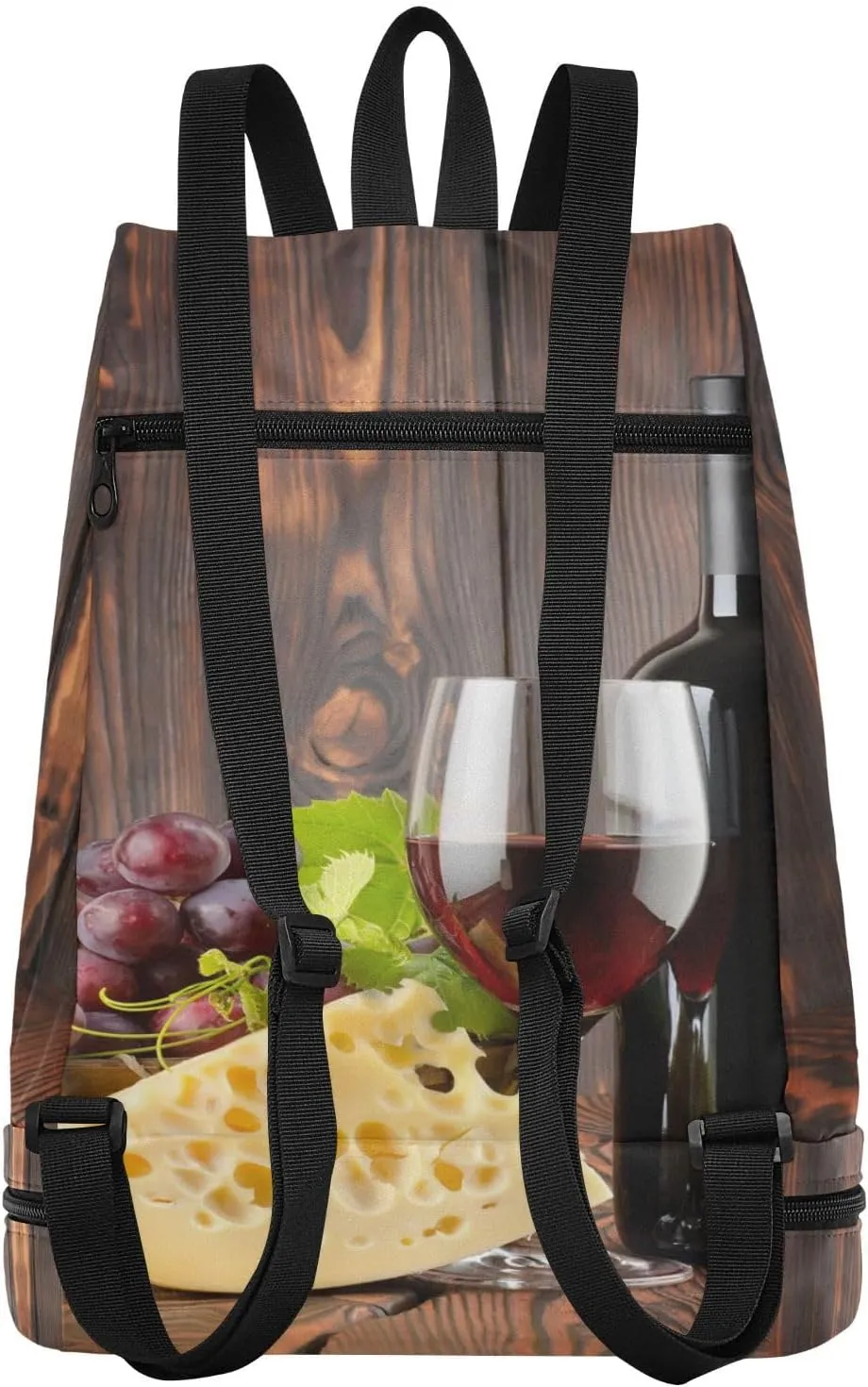 Gym Swimming Drawstring Bags Daypacks Backpack Purse Casual Knapsack Shoulder Bag Sitting Rucksack Glass of Red Wine and Bottle with cheese Grapes Brown Retro