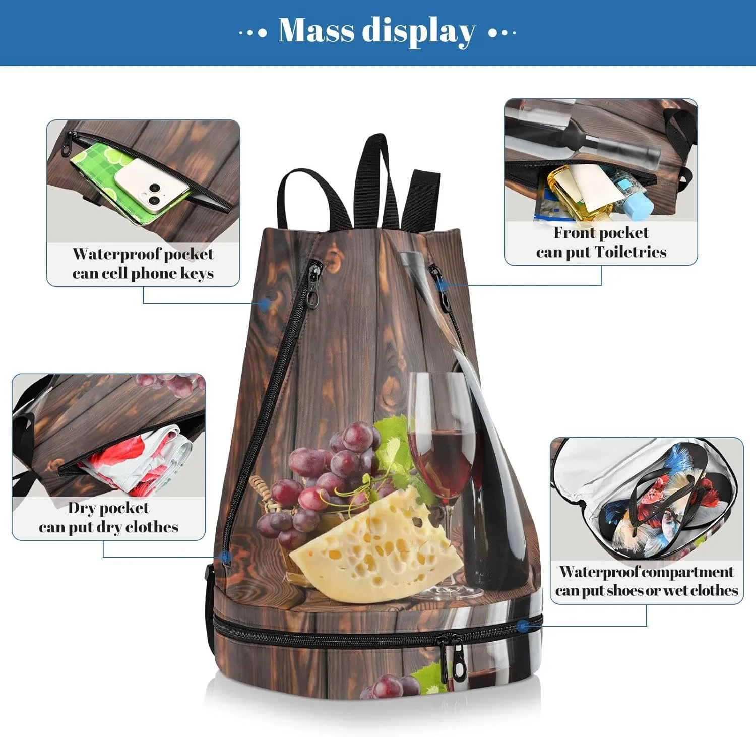 Gym Swimming Drawstring Bags Daypacks Backpack Purse Casual Knapsack Shoulder Bag Sitting Rucksack Glass of Red Wine and Bottle with cheese Grapes Brown Retro