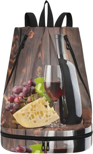 Gym Swimming Drawstring Bags Daypacks Backpack Purse Casual Knapsack Shoulder Bag Sitting Rucksack Glass of Red Wine and Bottle with cheese Grapes Brown Retro