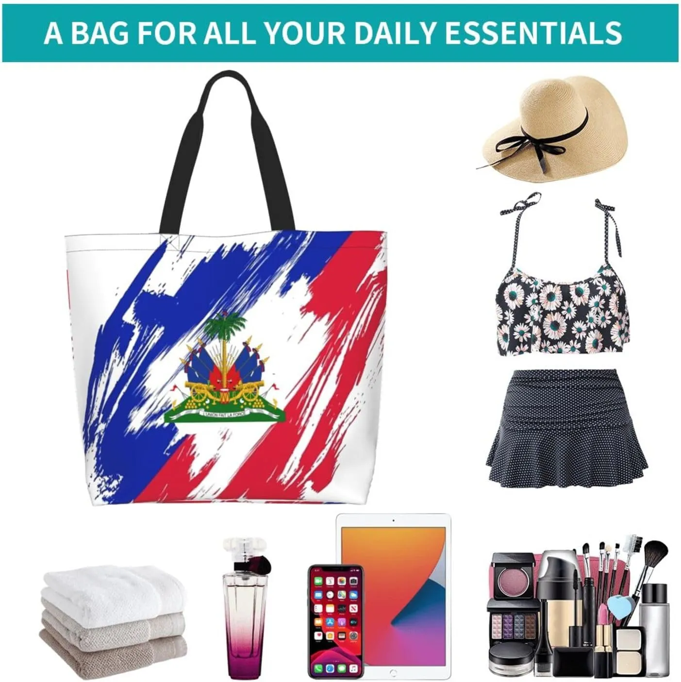 Haitian Canvas Tote Bag Haiti Flag Shoulder Bag Haiti Casual Grocery Bags Haitian Bags for Outdoor