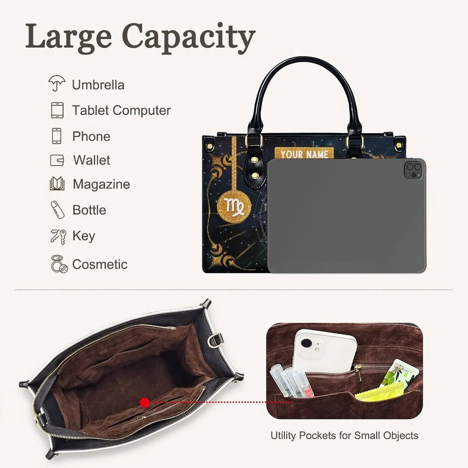 Handbags for Women - Personalized Leather Purse with Name - Tote Bags for Mom Grandma - Zodiac Gifts Ideas for Her