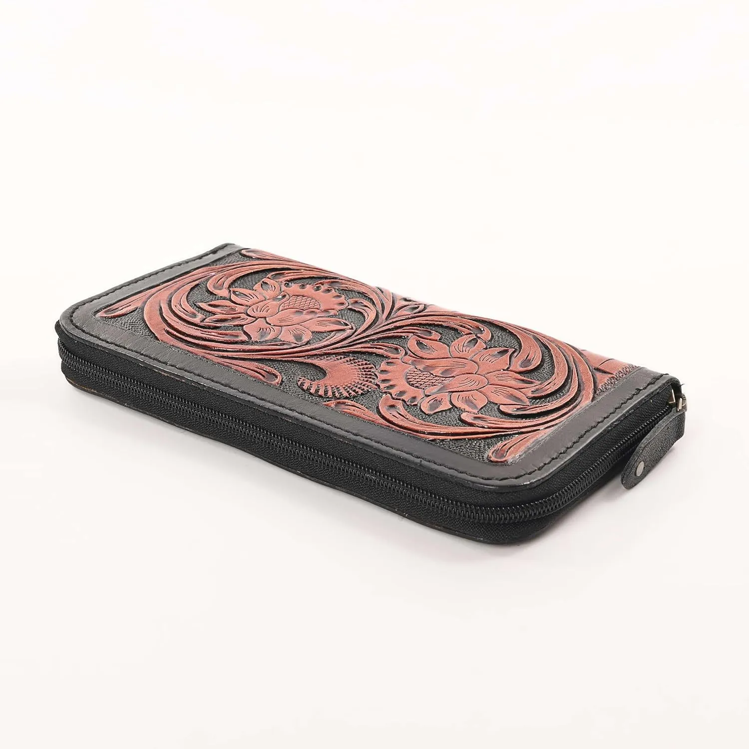 Handcrafted Western Leather Wallet for Women Cowhide Hand Wrist Wallet Card Holder RFID Protected Hand Purses Leather Hand Bag Genuine Leather Handtooled Wallet with Multi Pockets