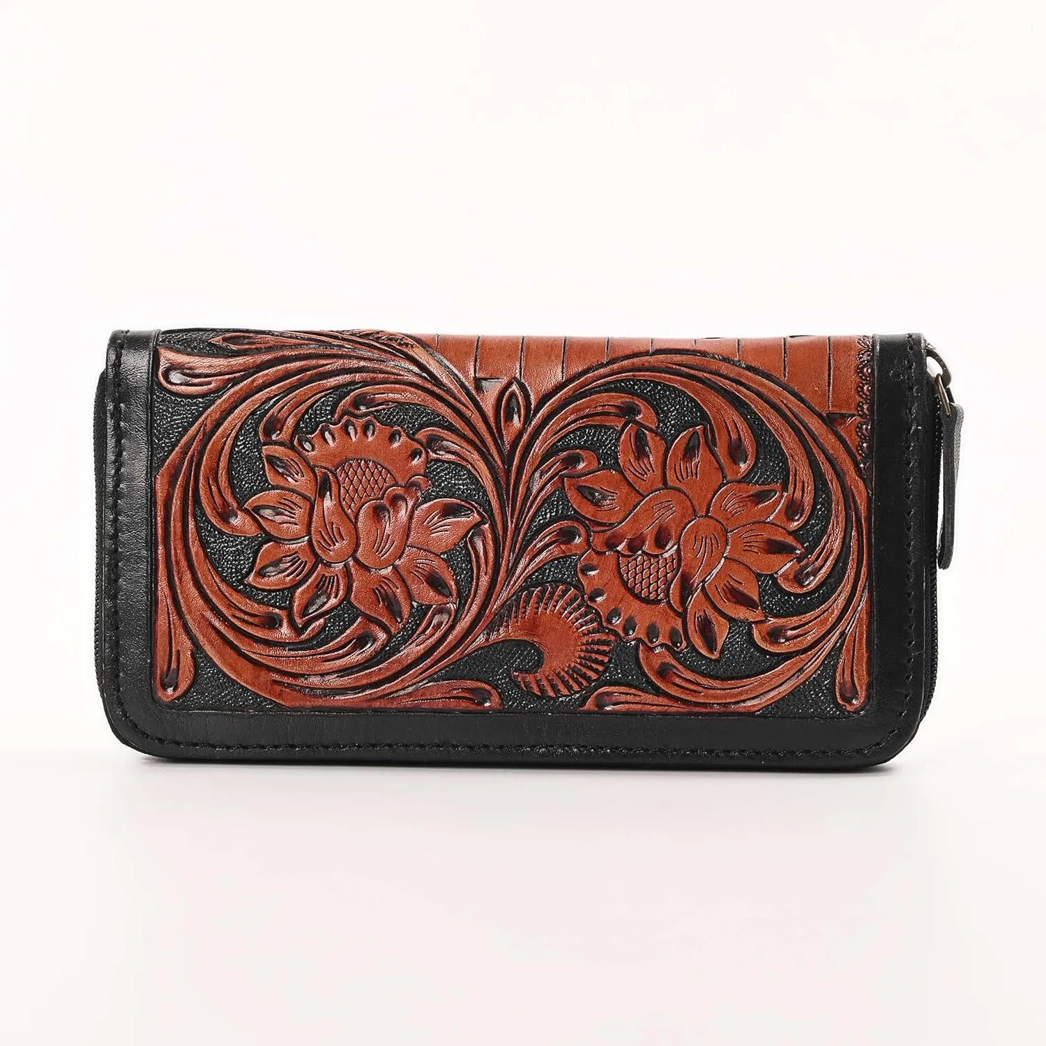 Handcrafted Western Leather Wallet for Women Cowhide Hand Wrist Wallet Card Holder RFID Protected Hand Purses Leather Hand Bag Genuine Leather Handtooled Wallet with Multi Pockets