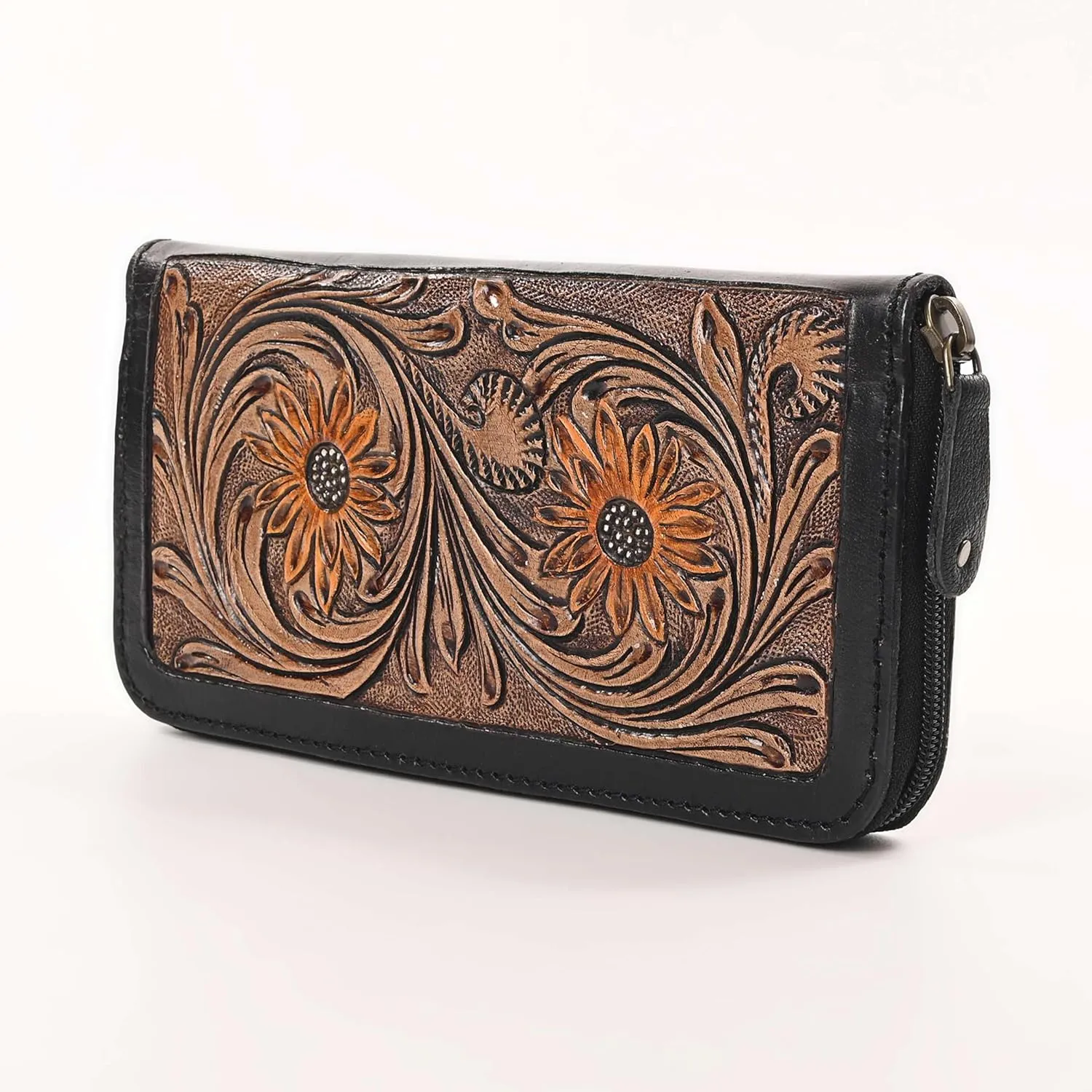 Handcrafted Western Leather Wallet for Women Cowhide Hand Wrist Wallet Card Holder RFID Protected Hand Purses Leather Hand Bag Genuine Leather Handtooled Wallet with Multi Pockets