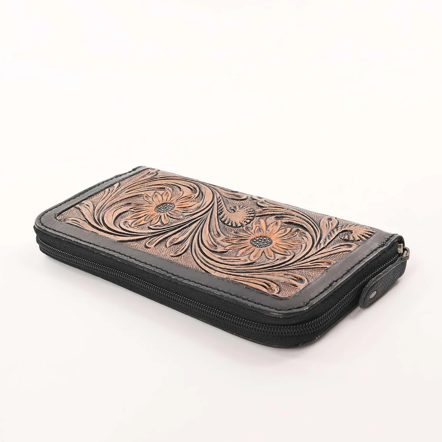 Handcrafted Western Leather Wallet for Women Cowhide Hand Wrist Wallet Card Holder RFID Protected Hand Purses Leather Hand Bag Genuine Leather Handtooled Wallet with Multi Pockets