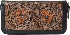 Handcrafted Western Leather Wallet for Women Cowhide Hand Wrist Wallet Card Holder RFID Protected Hand Purses Leather Hand Bag Genuine Leather Handtooled Wallet with Multi Pockets