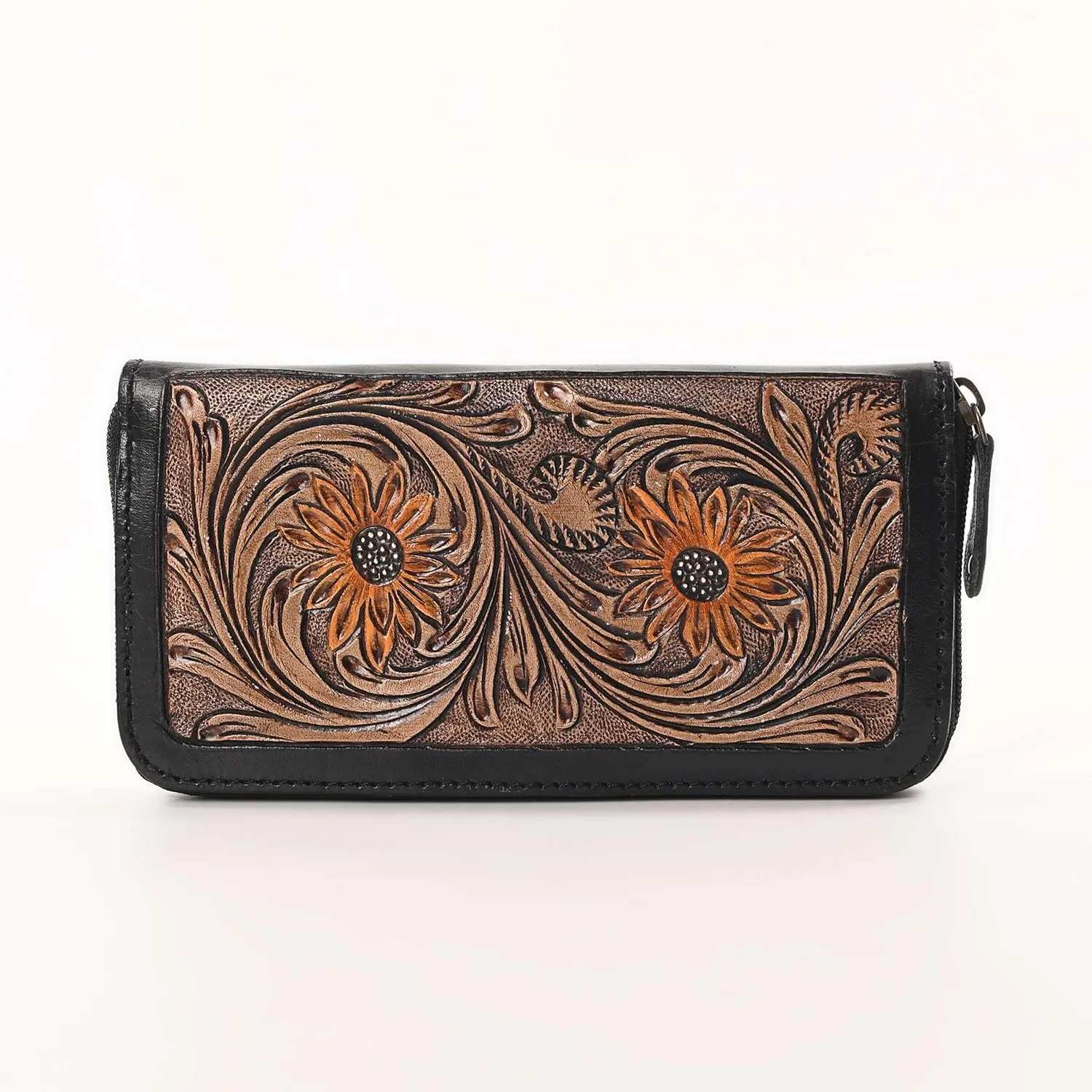 Handcrafted Western Leather Wallet for Women Cowhide Hand Wrist Wallet Card Holder RFID Protected Hand Purses Leather Hand Bag Genuine Leather Handtooled Wallet with Multi Pockets