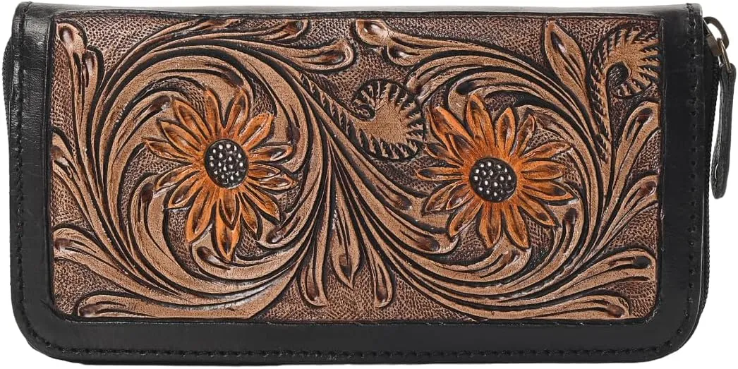 Handcrafted Western Leather Wallet for Women Cowhide Hand Wrist Wallet Card Holder RFID Protected Hand Purses Leather Hand Bag Genuine Leather Handtooled Wallet with Multi Pockets