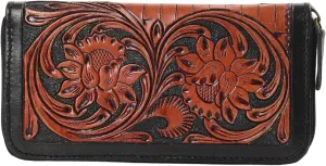 Handcrafted Western Leather Wallet for Women Cowhide Hand Wrist Wallet Card Holder RFID Protected Hand Purses Leather Hand Bag Genuine Leather Handtooled Wallet with Multi Pockets