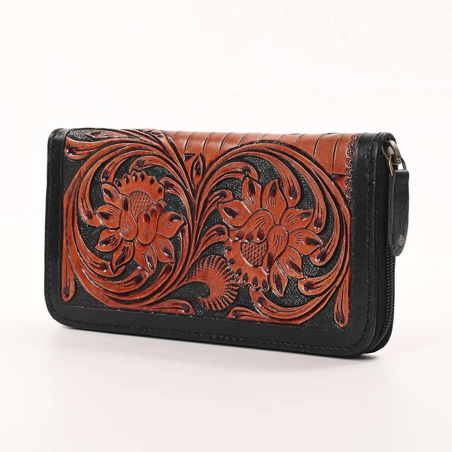 Handcrafted Western Leather Wallet for Women Cowhide Hand Wrist Wallet Card Holder RFID Protected Hand Purses Leather Hand Bag Genuine Leather Handtooled Wallet with Multi Pockets
