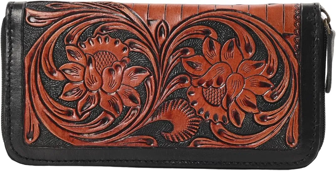 Handcrafted Western Leather Wallet for Women Cowhide Hand Wrist Wallet Card Holder RFID Protected Hand Purses Leather Hand Bag Genuine Leather Handtooled Wallet with Multi Pockets